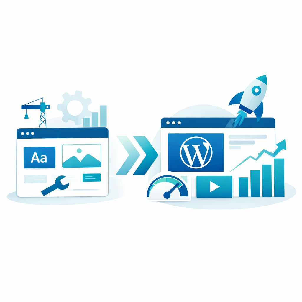 Website Relaunch von Baukasten zu WordPress Illustration eines Website Relaunchs von einem Baukasten System zu einer WordPress Website mit Fokus auf Wachstum und Performance