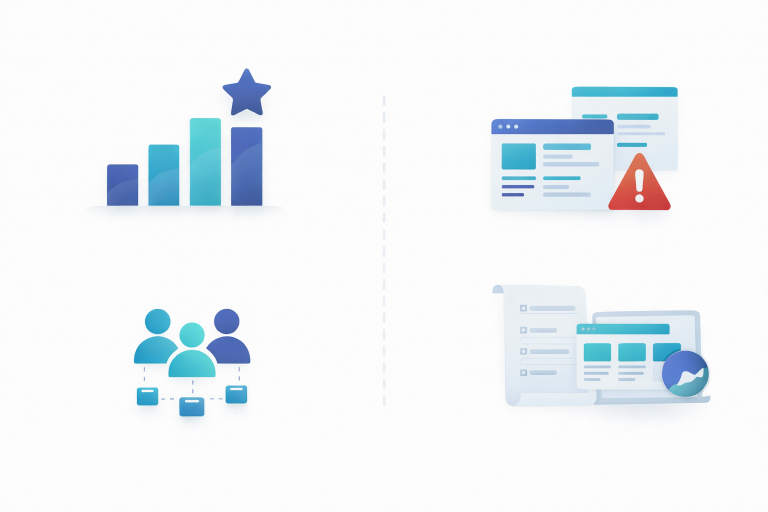 Wann eine professionelle Website Struktur sinnvoll ist Illustration von typischen Situationen in denen eine professionelle Website Struktur notwendig ist wie Wachstum, mehr Leads und mehrere Dienstleistungen