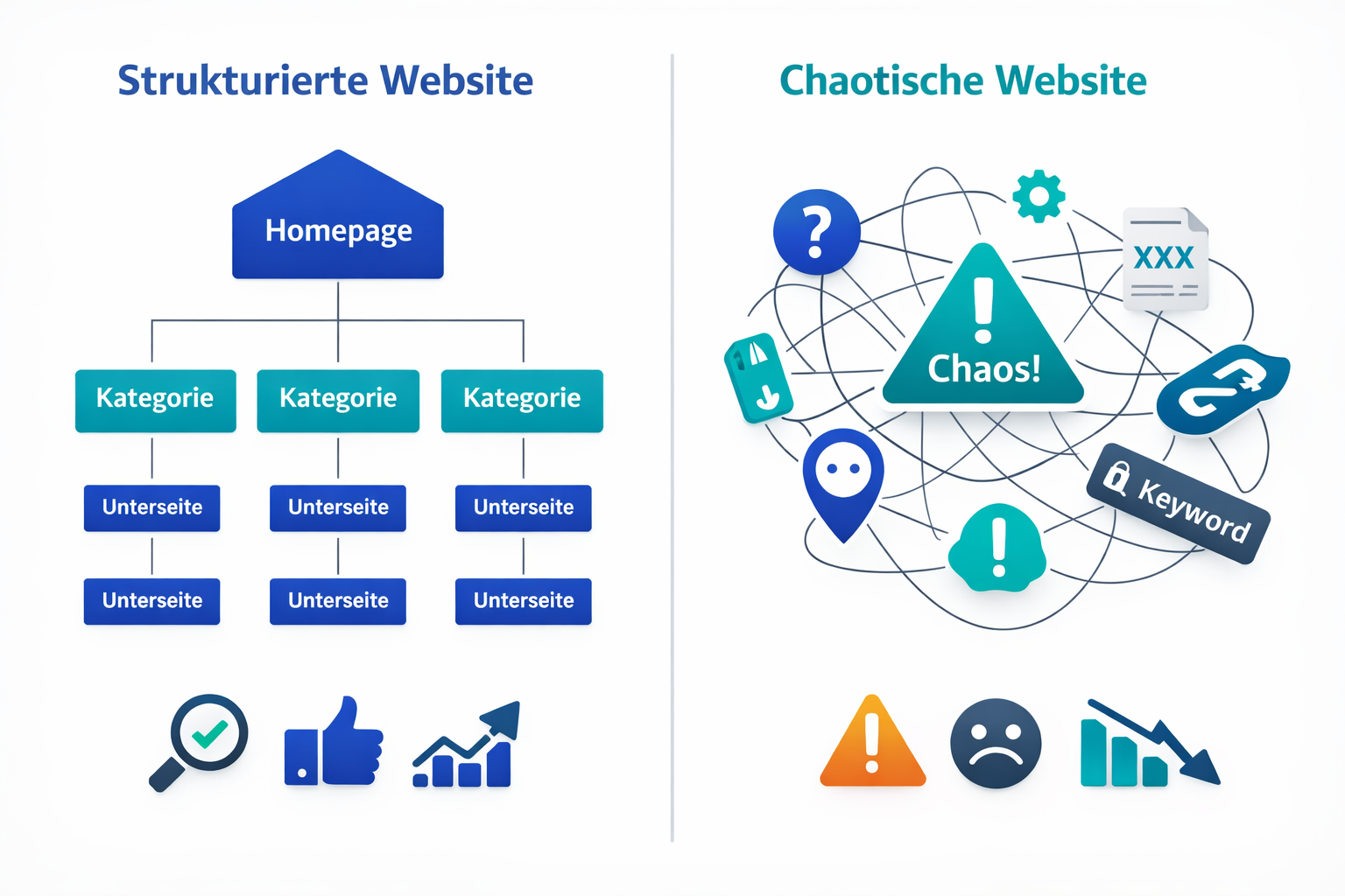 Strukturierte vs unstrukturierte Website Architektur Vergleich zwischen klar strukturierter Website und chaotischer Seitenarchitektur mit schlechter Navigation